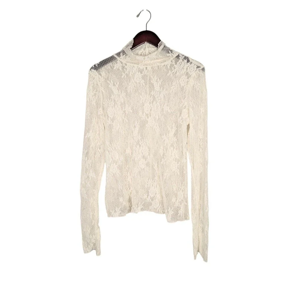 Free People Intimately Sweet Secrets Lace Turtleneck Top Ivory Cream Size XL